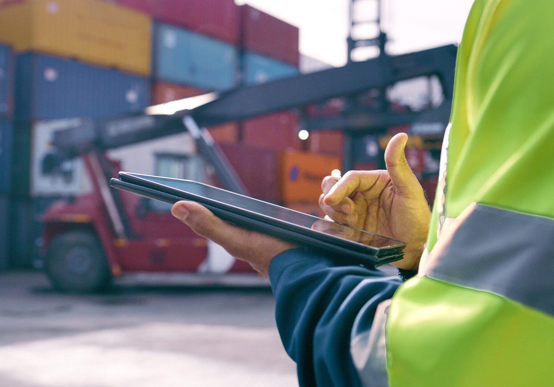 Hand, operator and tablet for shipping outdoor for cargo crane, inventory inspection and delivery safety of logistics. Person, digital and container information, transport service and distribution